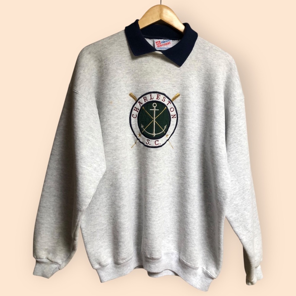 Vintage 90s Hanes Heavyweight Collared Sweatshirt Charleston, SC Anchor Unisex L - Picture 2 of 11